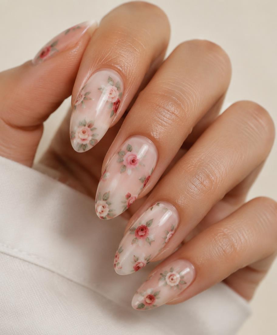 Rose Garden nail design — Tiny painted roses on a sheer milky finish.