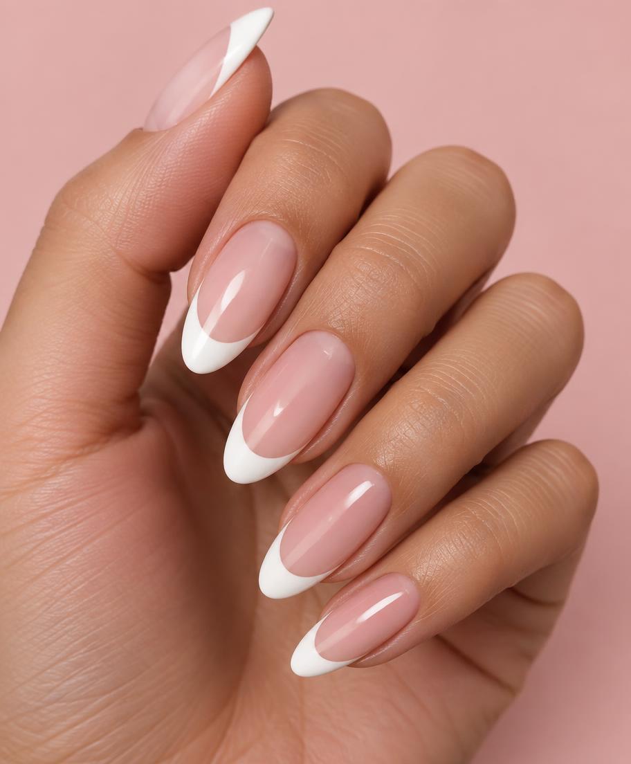 Classic French nail design — Crisp white tips on an almond shape.