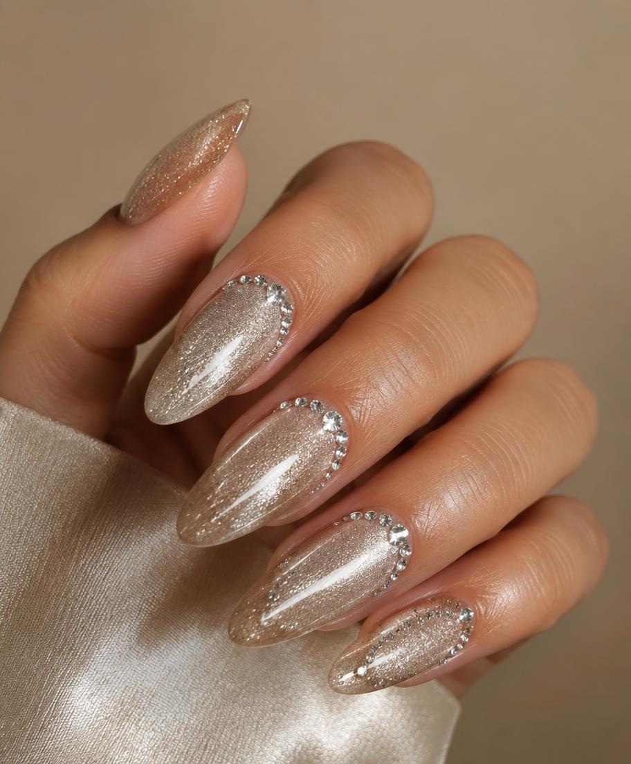 Champagne Sparkle nail design — Shimmer gel with rhinestone cuticle detail.