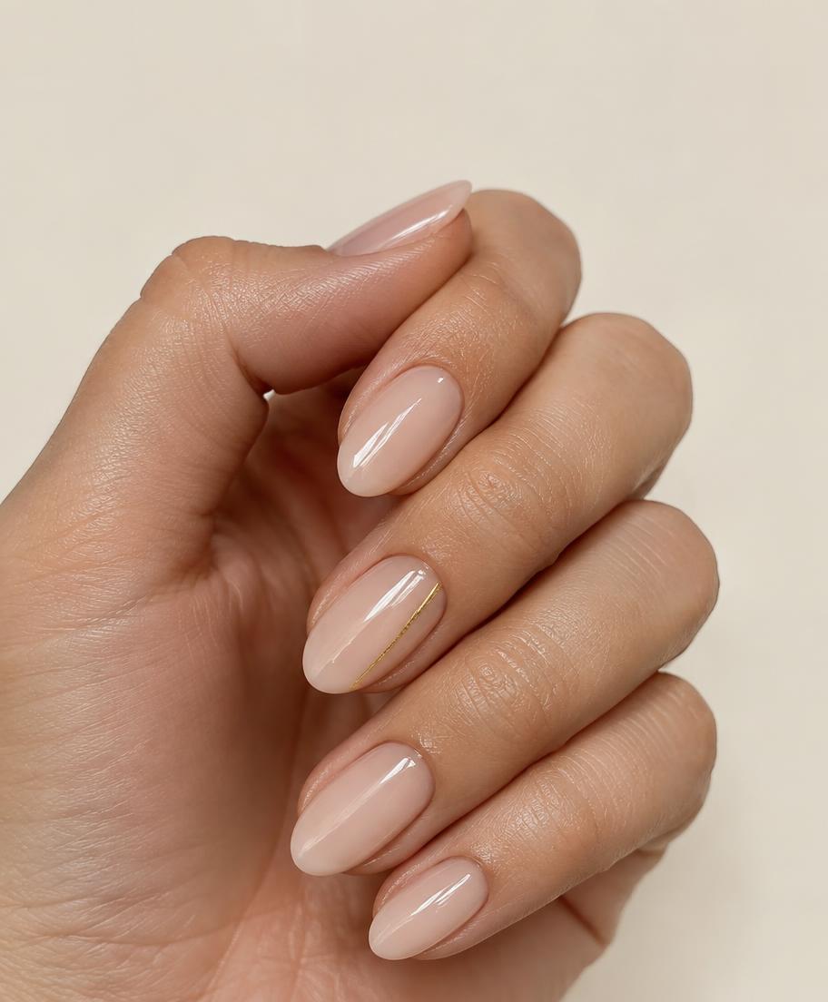 Quiet Nude nail design — Sheer nude gloss with a single fine gold line.