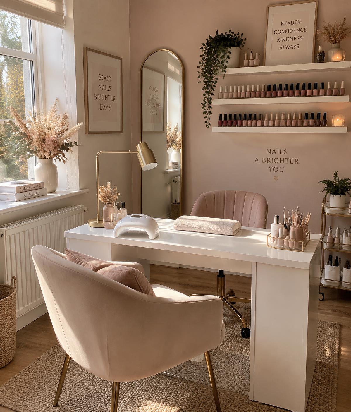 Cozy home-based nail studio with blush decor and warm natural light